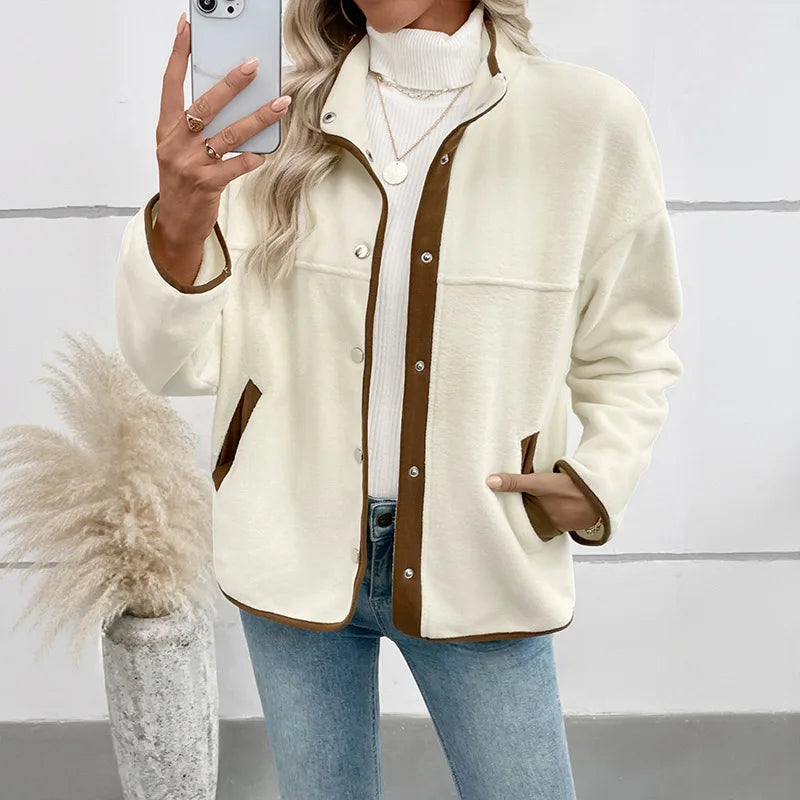 New Casual Jacket for Women's Fleece Short Fleece Stand Collar Casual Single Breasted Buckle Color Collision Jacket