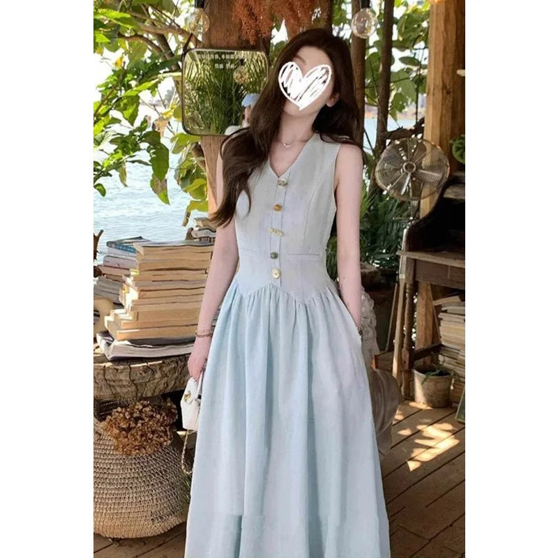 V Neck Waist Sleeveless Dress French Vacation Style Long Gown