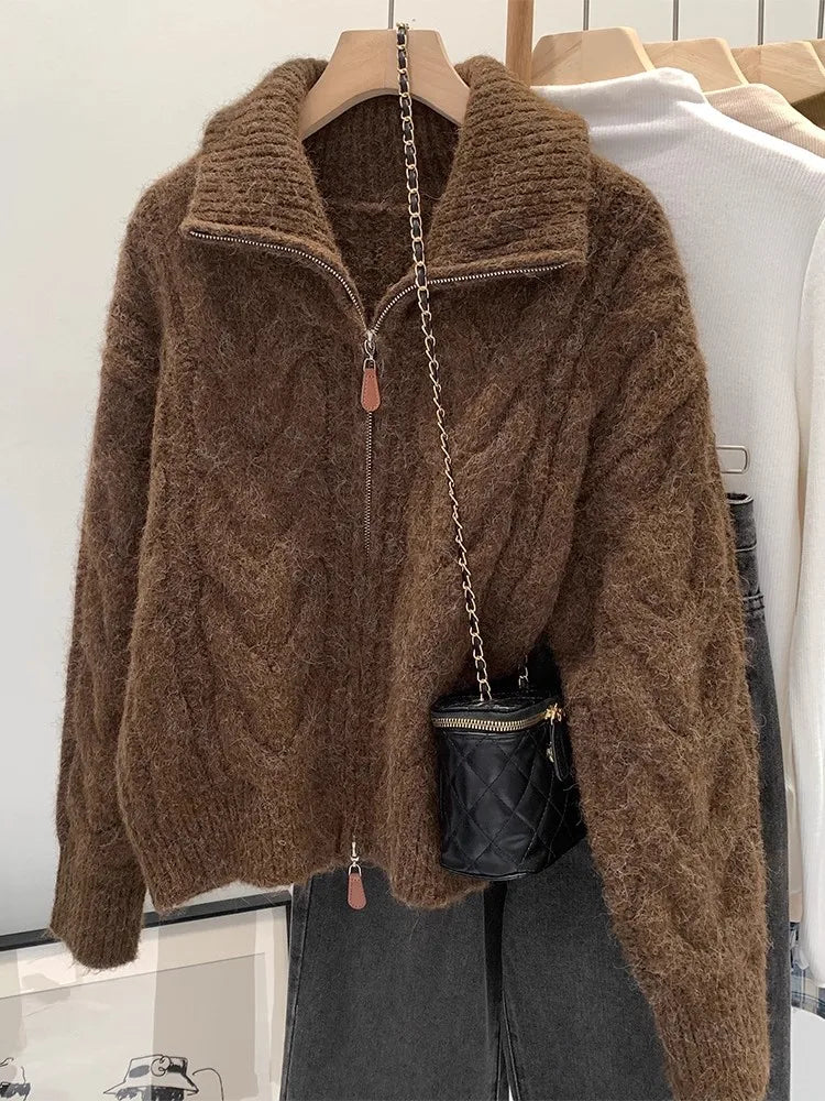 Women Autumn Winter New Lazy Style Loose Knitted Cardigan Retro Solid Double Zipper Turn-down Collar Sweater Thicken Loose Tops