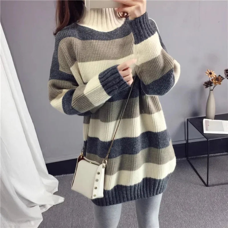 Winter Women Thick Warm Lazy Style Semi High Neck Knitted Sweater Autumn Korean Casual Striped Loose Fit Lady Pullover Tops