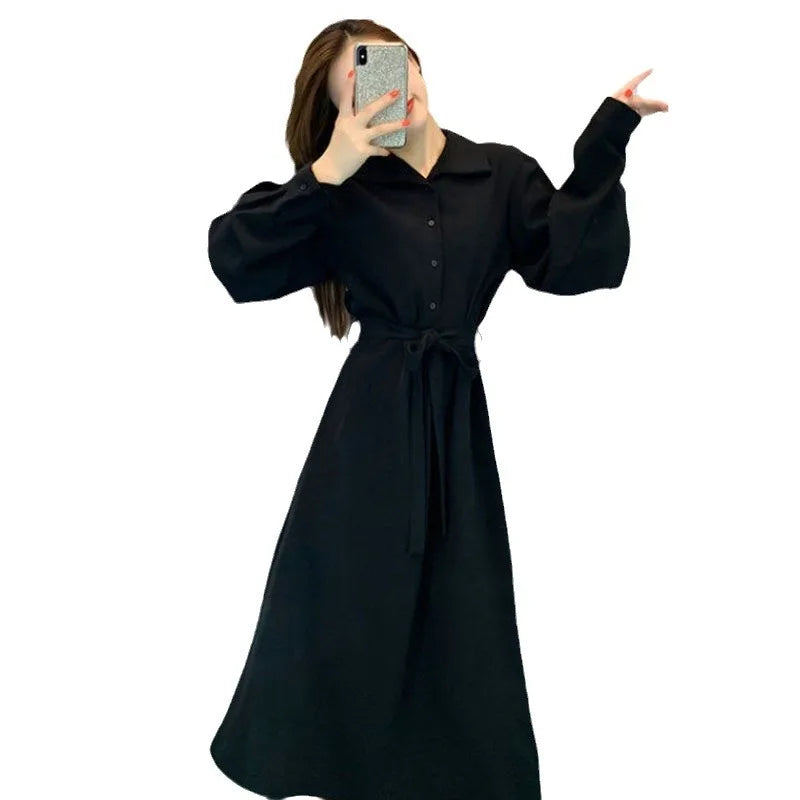 2025 New Autumn and Winter French Waist-hugging Long Skirt Hepburn Style Black Long-sleeved Shirt Dress for Women Early Autumn