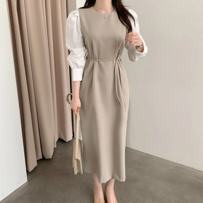 Autumn Korean Elegant High Street Minimalist Long Dress Women's Round Neck Long-sleeve Color-block Chic Dress Retro Office Lady