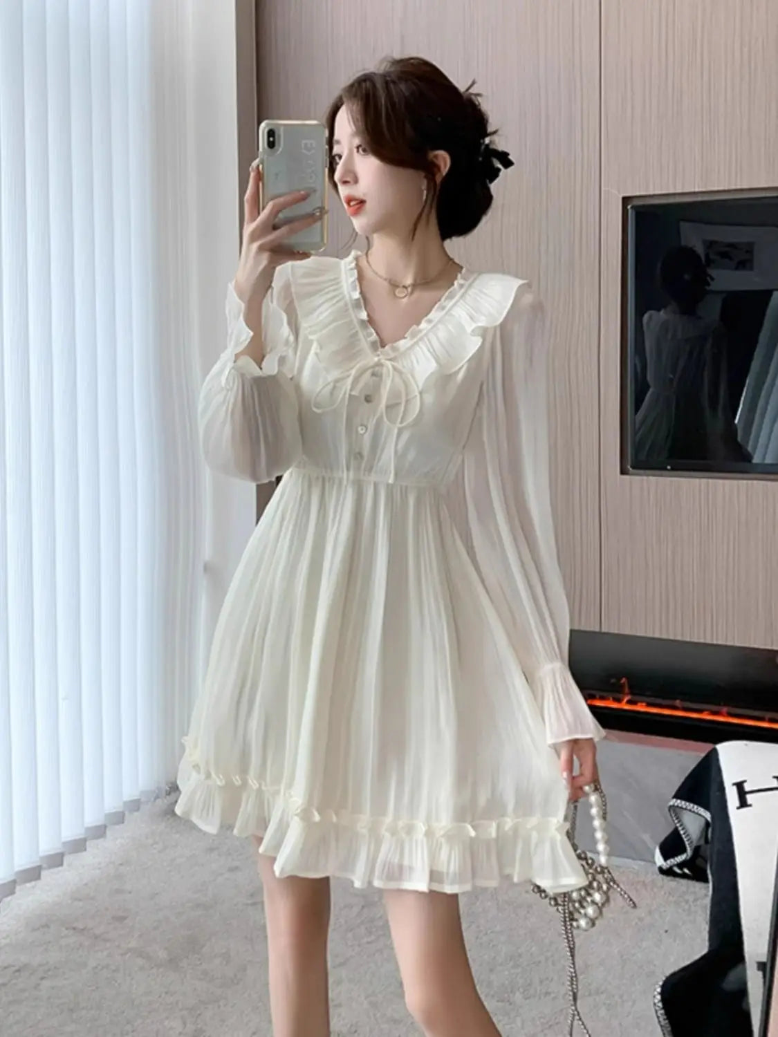 Autumn Winter First Love Sweet Tender Chiffon V-Neck Long Sleeve Birthday Dress for Women Evening Dress Prom Sexy Vintage Dress