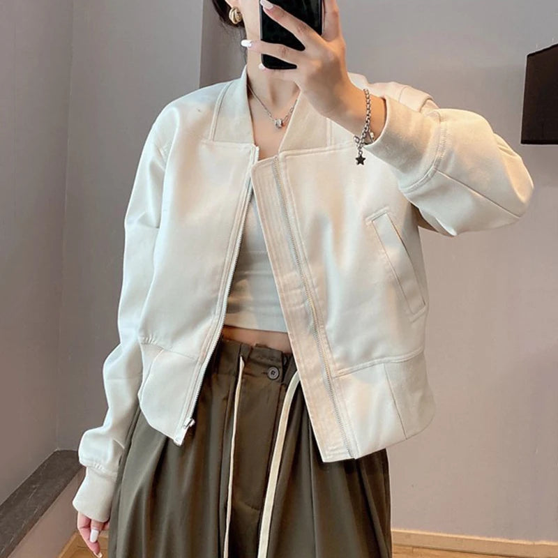 Streetwear Crop Jacket for Women Y2K Autumn Loose Long Sleeve Zipper Baseball Uniform Coat Korean Fashion All Match Outerwears