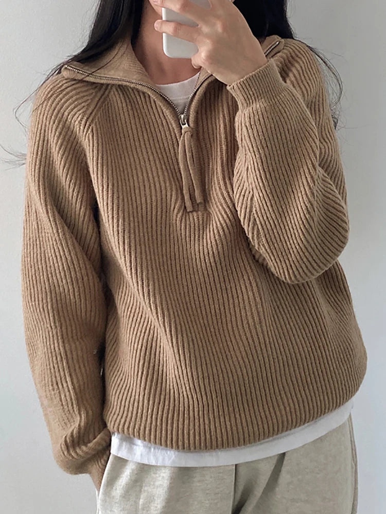2025 Korean Women's Sweater Loose Zippers Turtleneck Warm Solid Pullover Knitwear Basic Female Tops Autumn Winter Sweaters