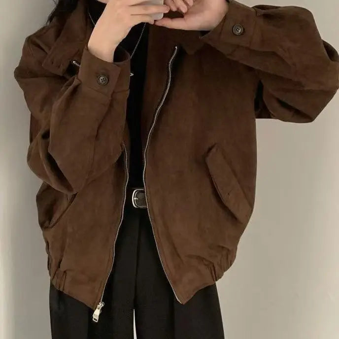 2025 Spring and Autumn New Leather Velvet Women's American Retro Short Top Loose Slim Jacket