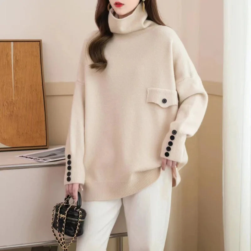 Turtleneck Sweater Large Size Women's Loose Korean Solid Color Sweater Pullover Top