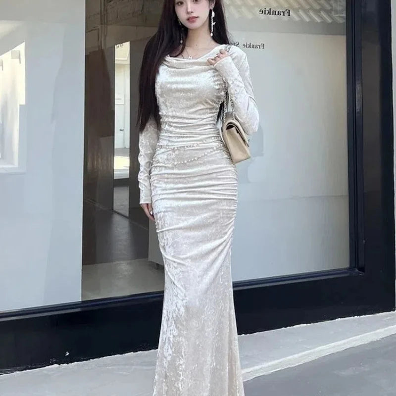 French Style Long-sleeved Long-sleeved Dress for Women with New Slim Pleated Hips and Fishtail Long Dresses