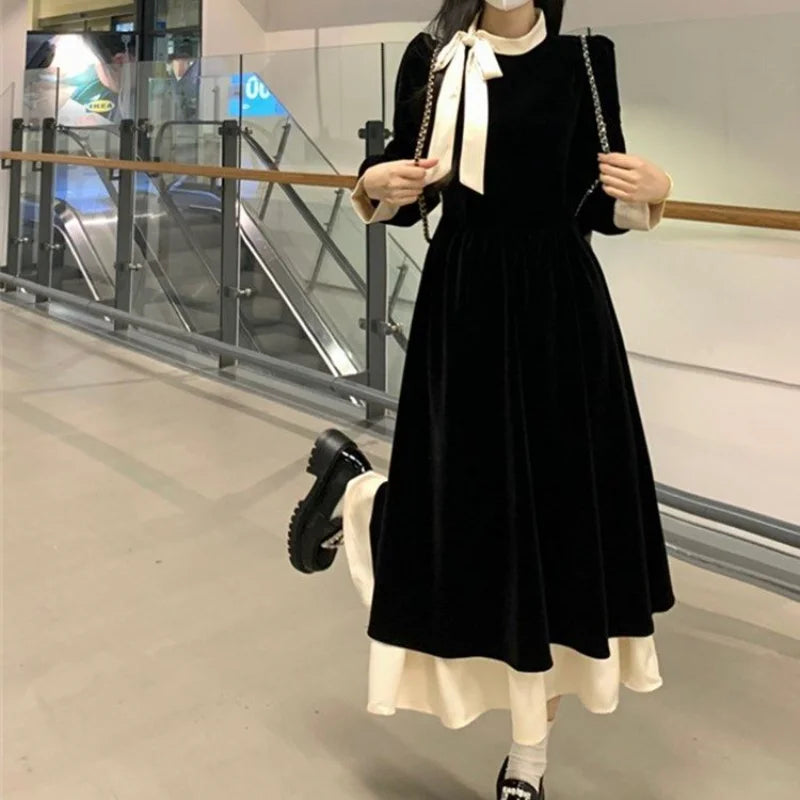 Hepburn Style Contrasting Stand Collar Bow Dress Women's Autumn Winter New Retro Black Long Skirt