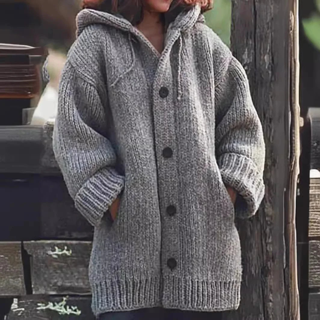 Solid Color Loose Mid-length Hooded Sweater Coat, Women's Autumn Winter Casual Single-breasted Cardigan Sweater with Pockets