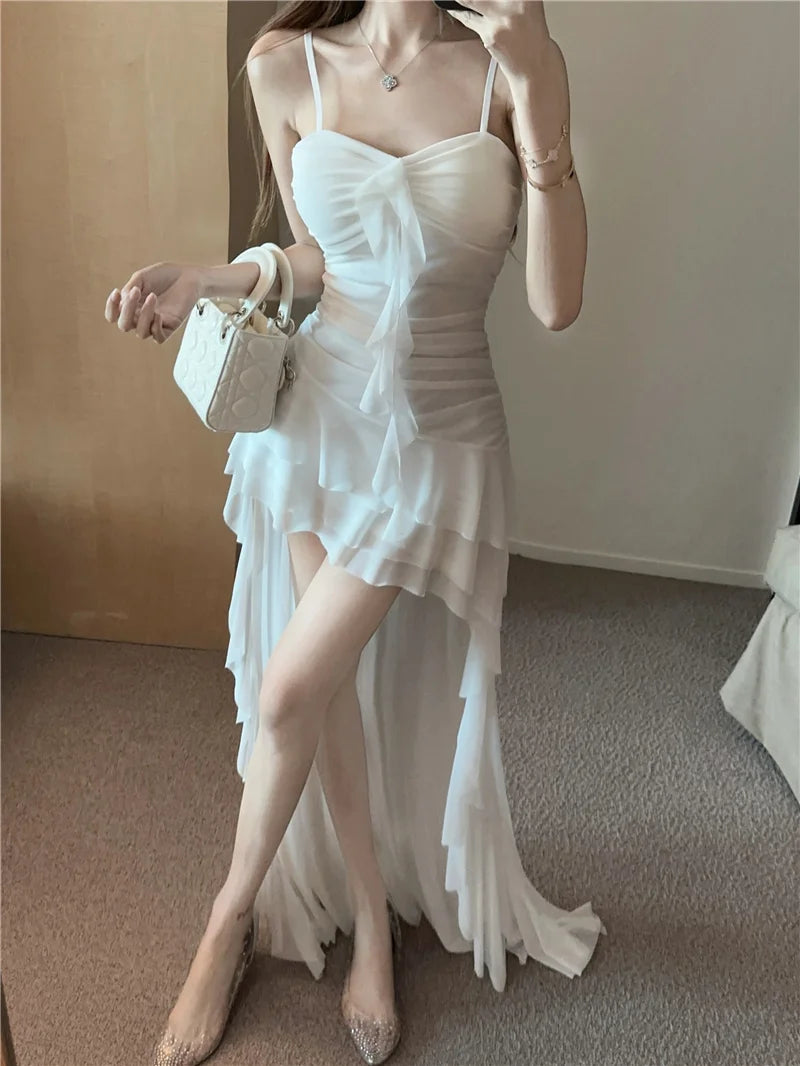 Summer slim fit French ruffle edge patchwork irregular sling dress women