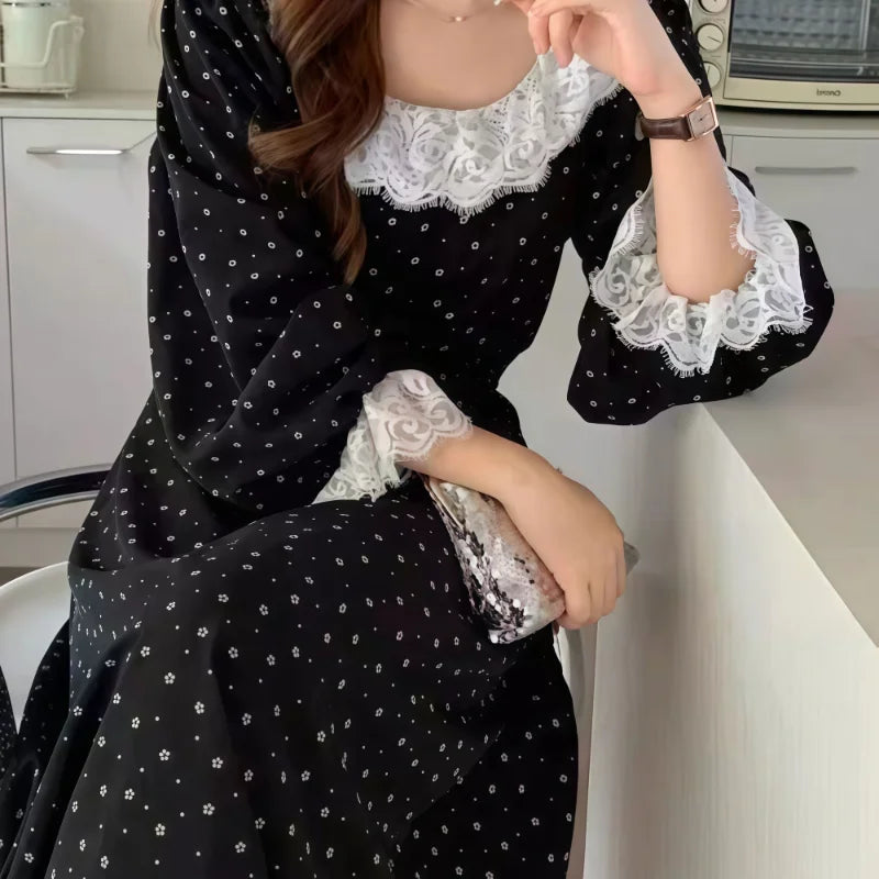 2025 French Retro Lotus Leaf Collar Floral Dress Women Autumn Long Sleeves Black Midi Skirt