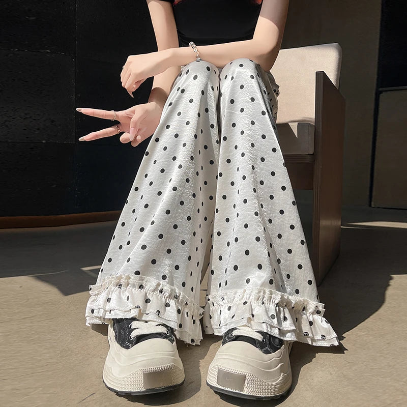 2025 New Spring Summer Satin Polka Dot Ruffle Wide Leg Pants Women High Waist Casual Loose Straight Trousers Female