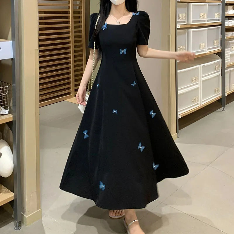 Square-neck Elegant Little Black Dress for Women New Summer French Versatile Style