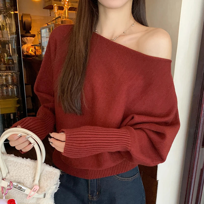 Off Shoulder Knit Top for Women Slash Neck Rib-knit Batwing Sleeve Sweater Pullovers Autumn Winter Korean Fashion Outfit