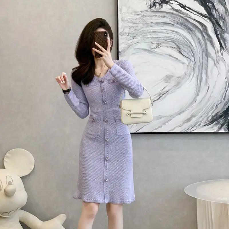 French Small Fragrant Knit Dress Women Autumn Winter 2025 New Temperament Elegant Vestidos Slim Fit Sweater Bodycon Skirt