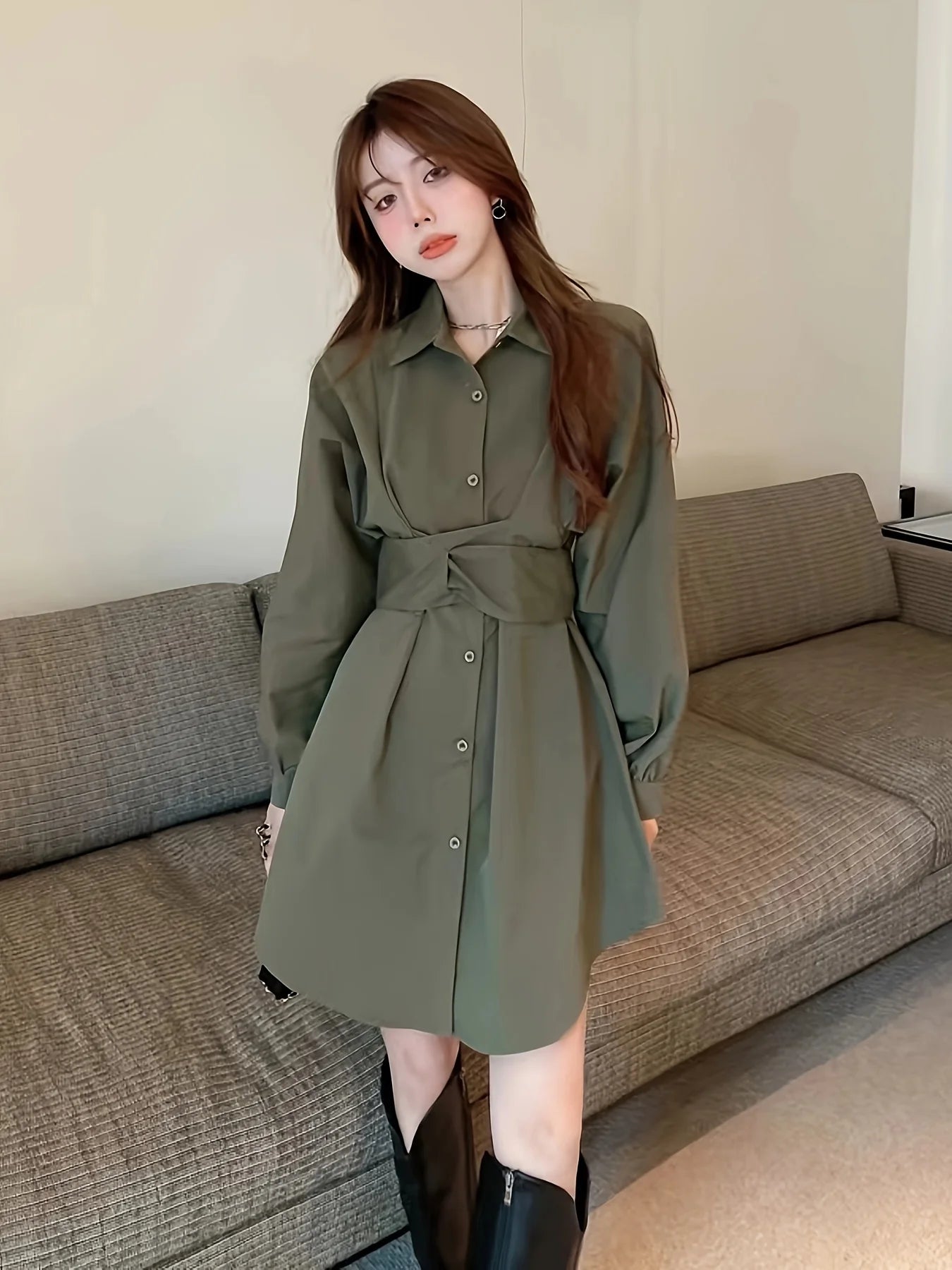 2025 Spring New! Women's French - Style Long - Sleeve Shirt Dress with Cinched Waist, Slim - fitting Design