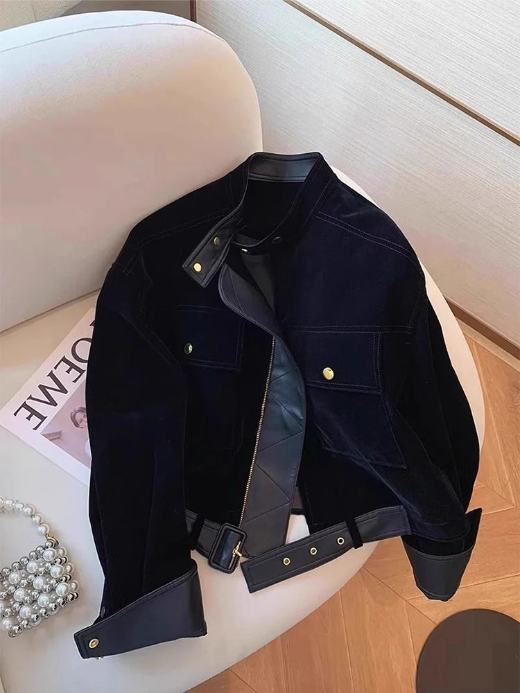 Black Patchwork Pu Leather Jacket for Women Y2K Fall Loose Streetwear Stand Collar Crop Coats Bf Korean All Match Zipper Outwear