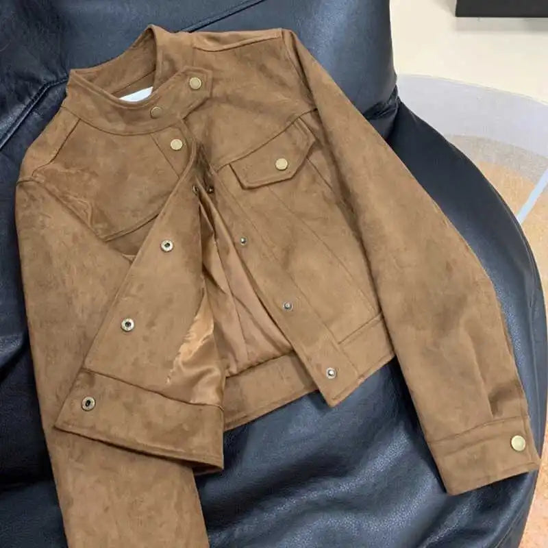 Korean small fragrant Maillard leather jacket female spring new fashion design sense advanced sense sweet cool suede jacket.