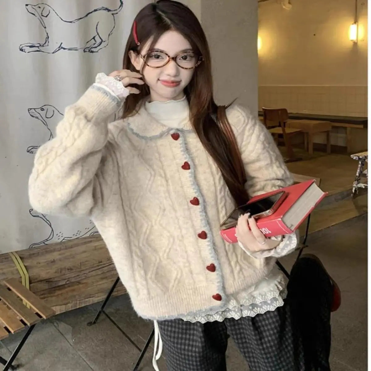 Autumn Winter Preppy Peter Pan Collar Knitted Cardigan Women Loose Soft Long Sleeve Sweater Coat Casual Outfit