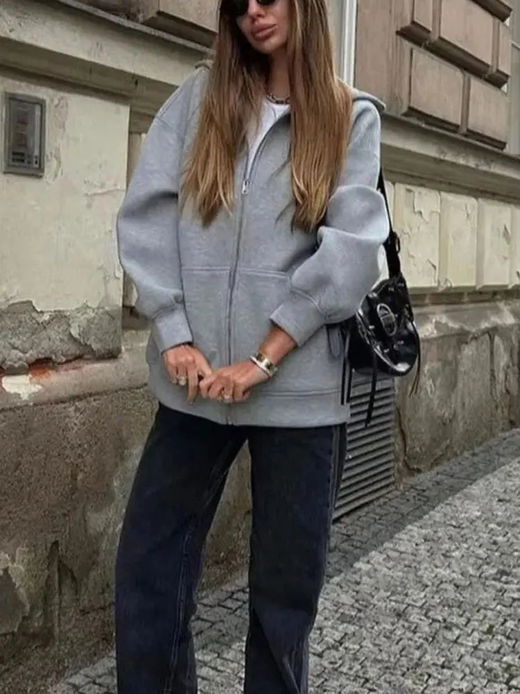 2025 Winter Women's Hoodie Coat Solid Zipper Jacket Top Female Commute Oversize High Street Outerwear Woman Sweatshirt