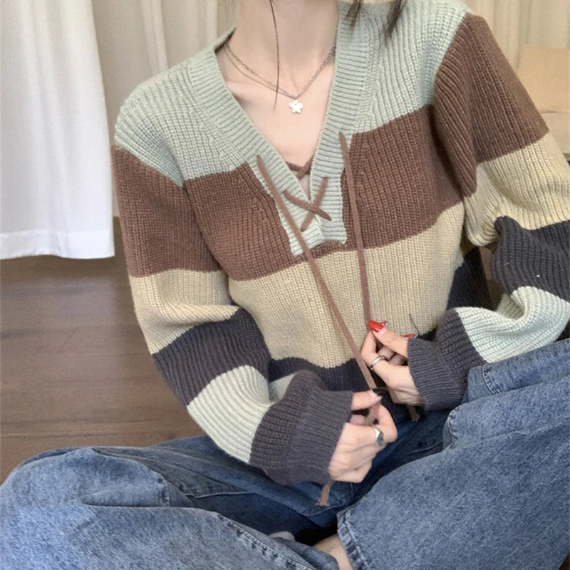 Lace-up Neck Pullovers Women Multicolor Striped Long Sleeve Cozy Knit Crop Sweater Cozy Jumper Autumn Winter Casual Outfit