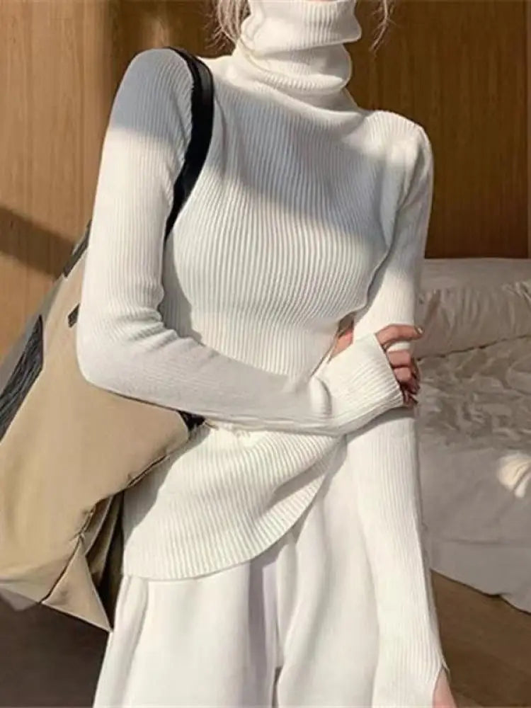 New Autumn Winter Basic Knitted Tops Women Turtlneck Sweater Casual Pullover Korean Fashion Simple With Thumb Holes Chic Clothes