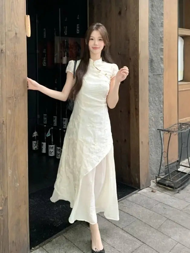 Jacquard Dress for Women in Summer Temperament Chinese Style Stand Collar Irregular Waist Slimming A-line
