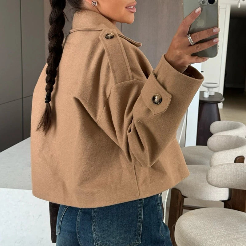 Fashion Double Breasted Warm Outwear Ladies Casual Streetwear Solid Color Coat Elegant Office Lapel Long Sleeved Autumn Jacket