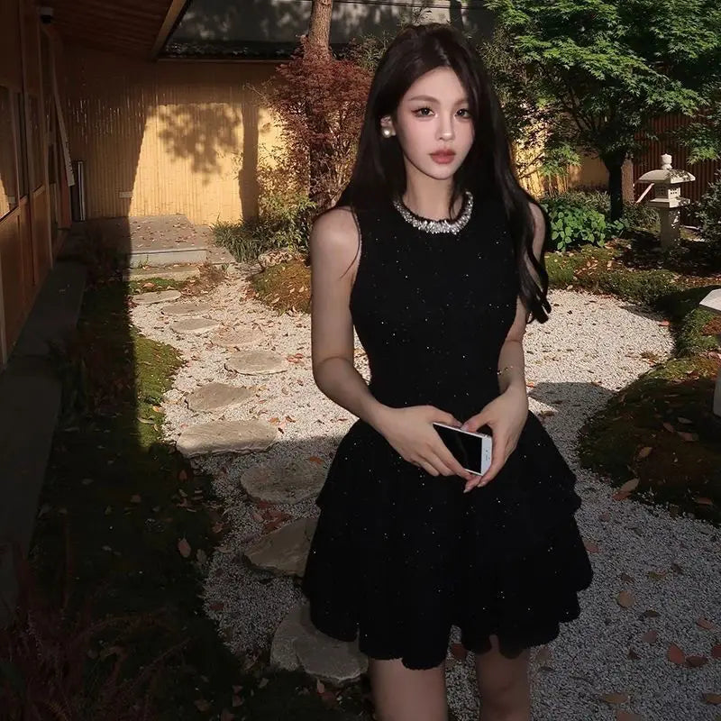 High End Temperament Diamond O Neck Sleeveless Korean Luxury Shinny Dress Y2k Aesthetic Harajuku Girl Clothes Korean Punk Dress