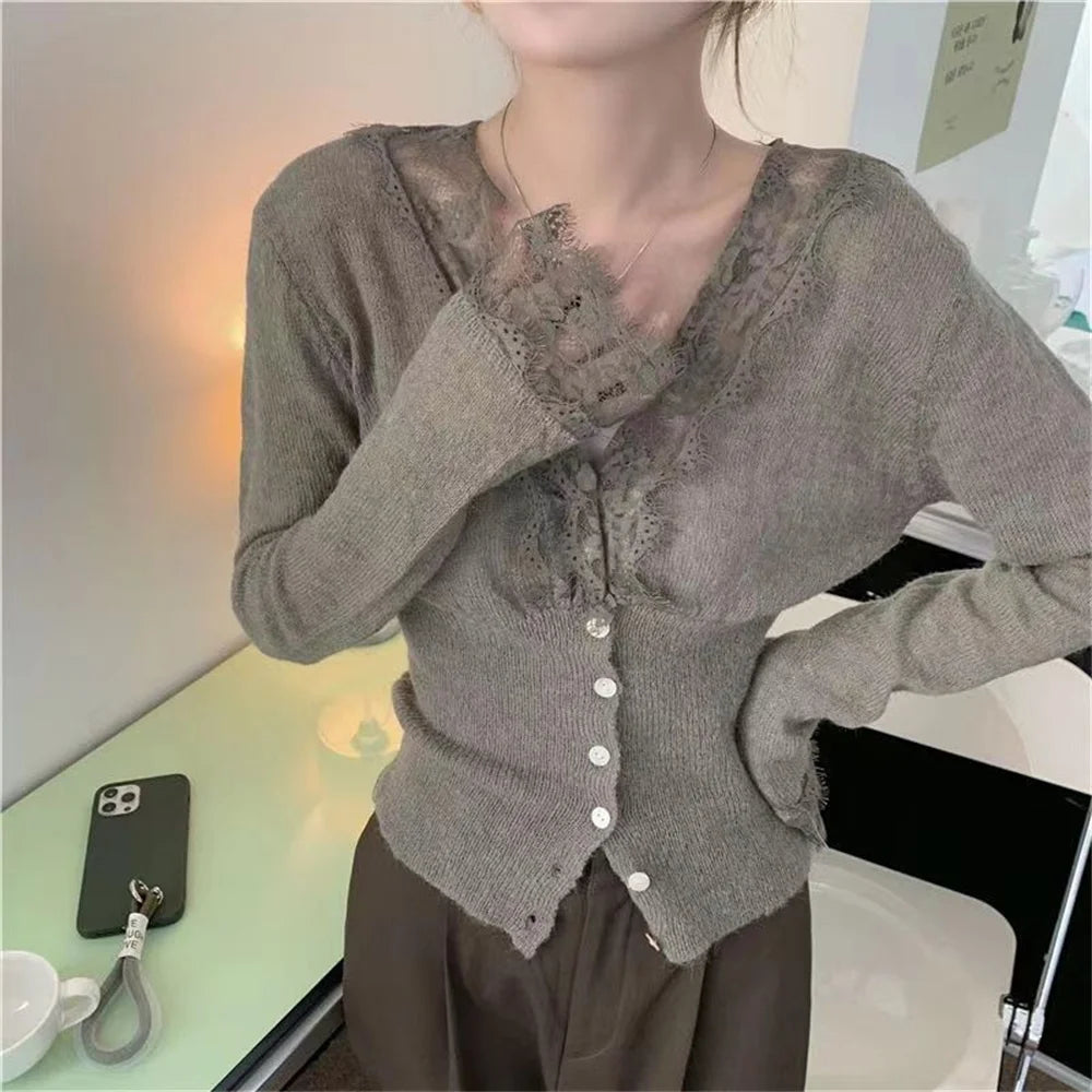 2026 Elegant Lace Cropped Cardigan Women Korean Spring Fashion V-neck Knitted Sweater clothes Slim Basic Tops Autumn Winter