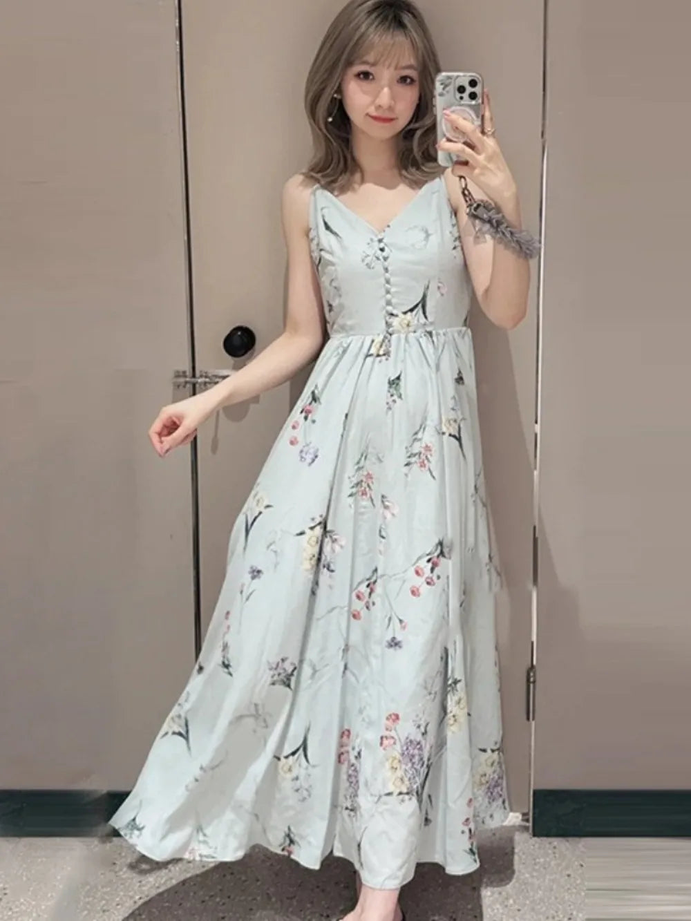 High Street Fresh Mid-length Big Swing Vestido Japan Pullover Ruched Dresses Sweet Print V Neck Slim Waist Sling Robe