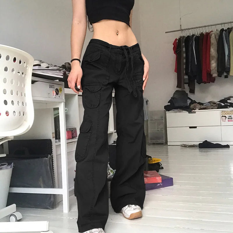 Women Y2K Cargo Pants Casual Pockets Low Waist Wide Leg Pant Streetwear Harajuku Vintage Drawstring Baggy Trouser Female Clothes