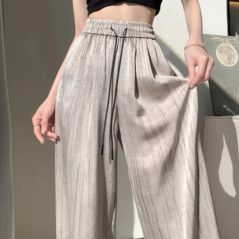2025 New Summer Vintage Ice Silk Satin Ink Printed Wide Leg Pant for Women High Waist Casual Loose Straight Full Length Trousers