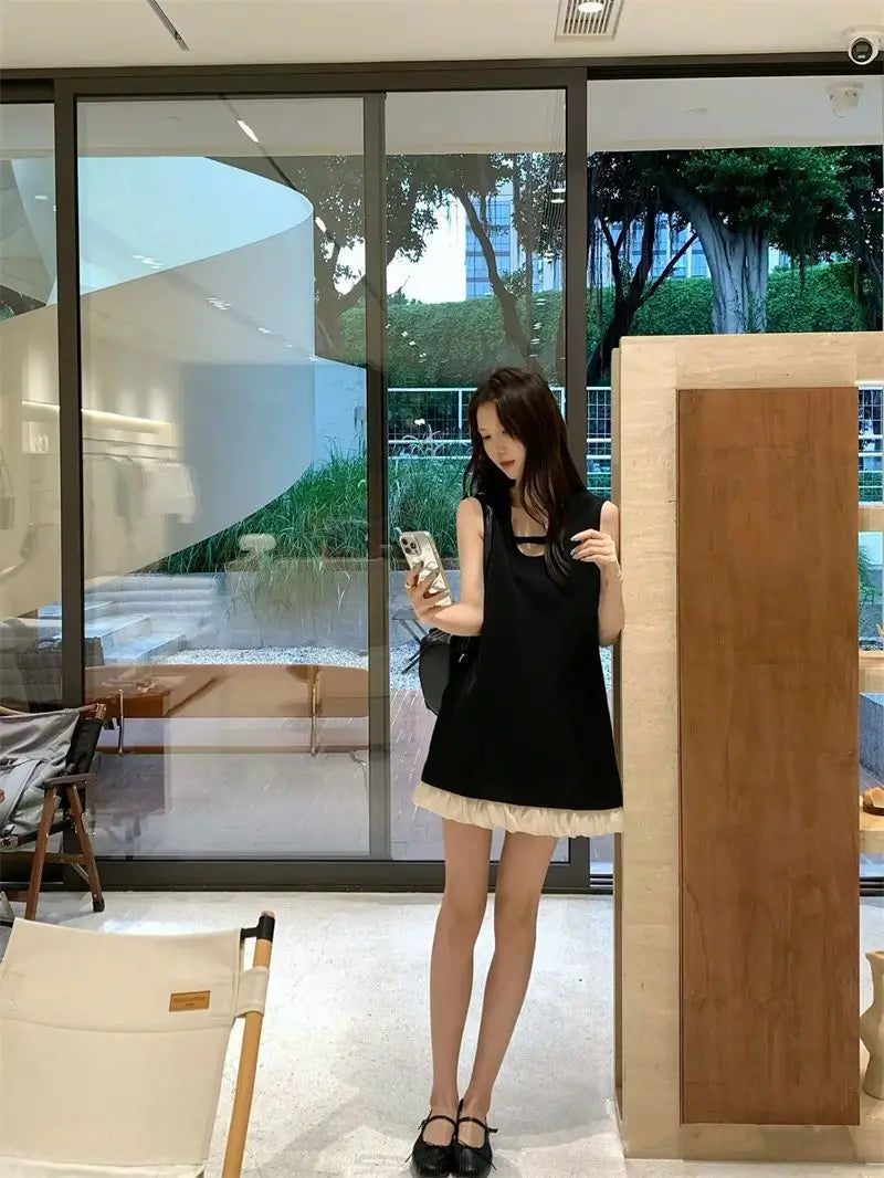 French Hem Splicing Sleeveless Women Summer Temperament Loose Slim Vest Dress