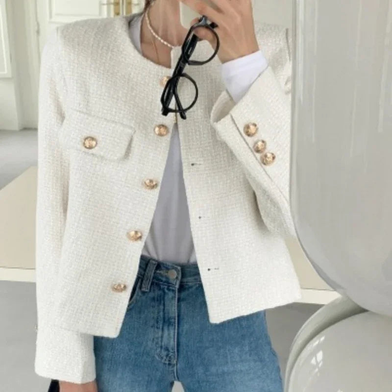 Women Jacket 2025 Autumn Winter Wool Tweed Coat Fashion High-end Gold Button Short Slim Temperament Korean Coats