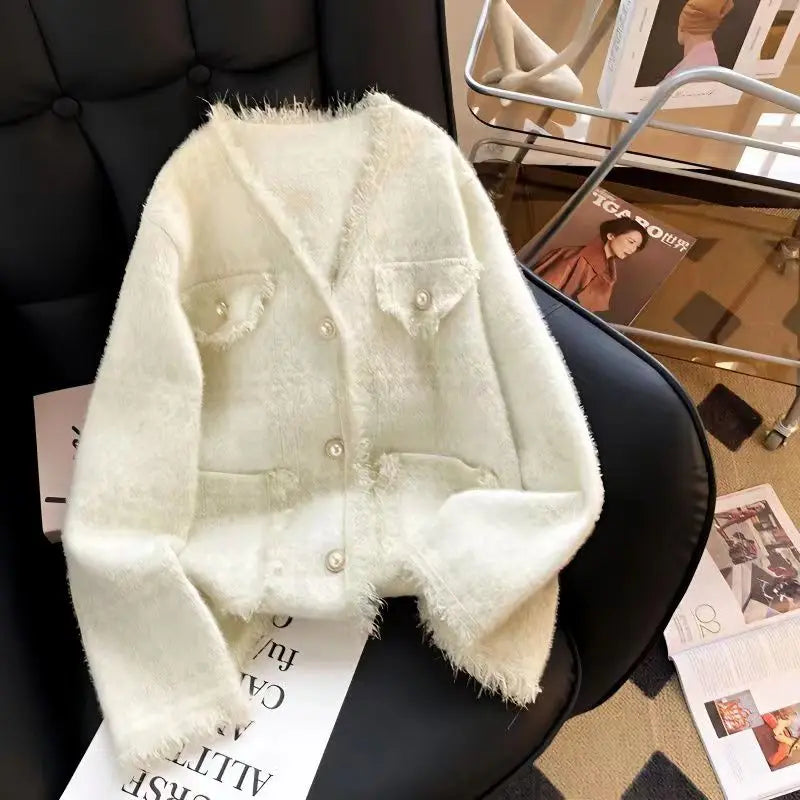 Glossy Silk Tassel V-neck Mink Vest Knitted Jacket Women's Autumn Winter French White Top Cardigan