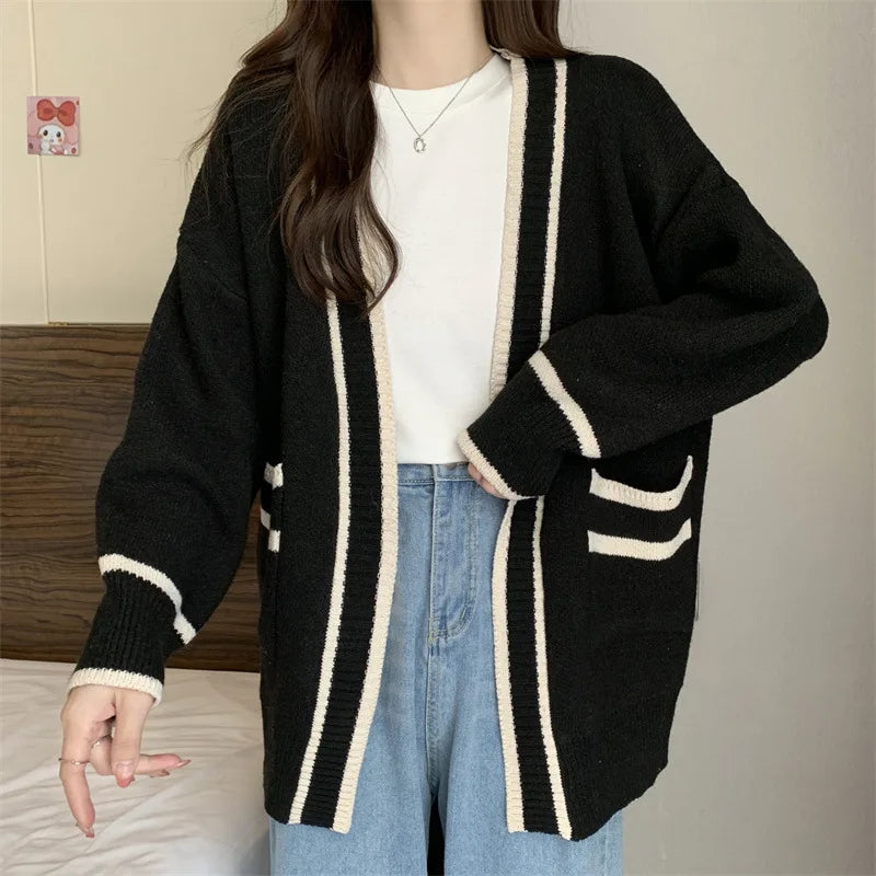 Autumn Winter New Korean Loose Women Knit Coat Mid Length Pocket Fashion Sweater Knitwears Cardigan Feminino Sueter