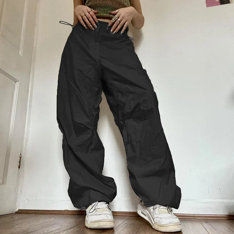Sweatpant Y2K Black Solid Baggy Pants Fashion Women Low Elastic Waist Drawstring Pant Casual Streetwear Pocket Vintage Trousers