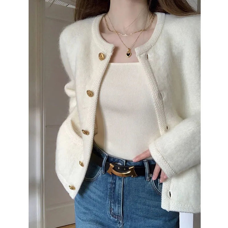 Women's White Knitted Coats Korean Fashion Single-Breasted Short Sweater Cardigan Ladies Autumn Winter Round Collar Jackets