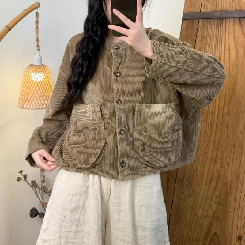 Autumn Arts Style Women Long Sleeve Single Breasted Big Pocket Short Coats High Quality Cotton Corduroy Loose Casual Jackets
