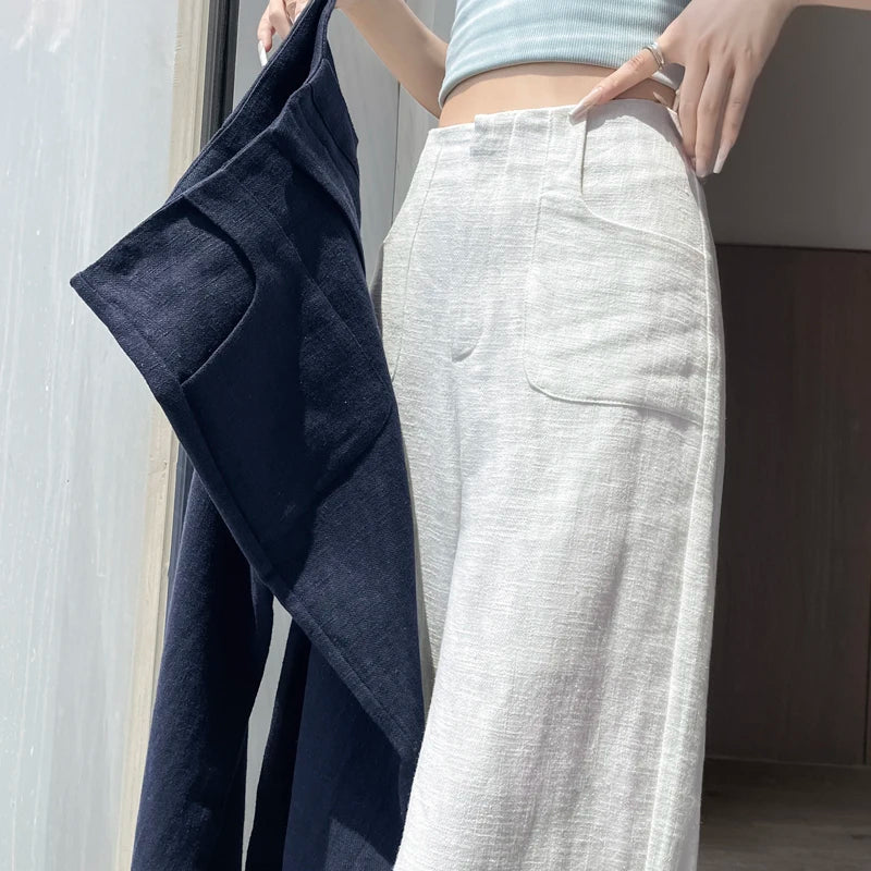 Cotton and Linen White Women's Wide Leg Full Pants Pockets High Waist Elegant Straight Casual Loose Trousers Female 2025 Summer