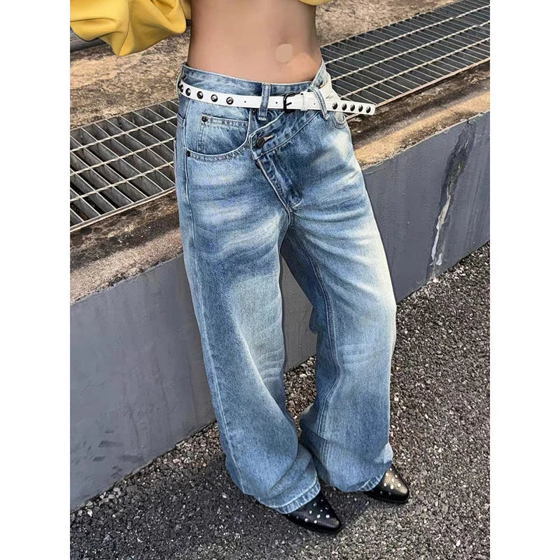 Women Blue Gothic Y2k Oversize Jeans Harajuku Vintage Wide Leg Denim Trousers Aesthetic 2000s Style Boyfriend Jeans Pants Autumn