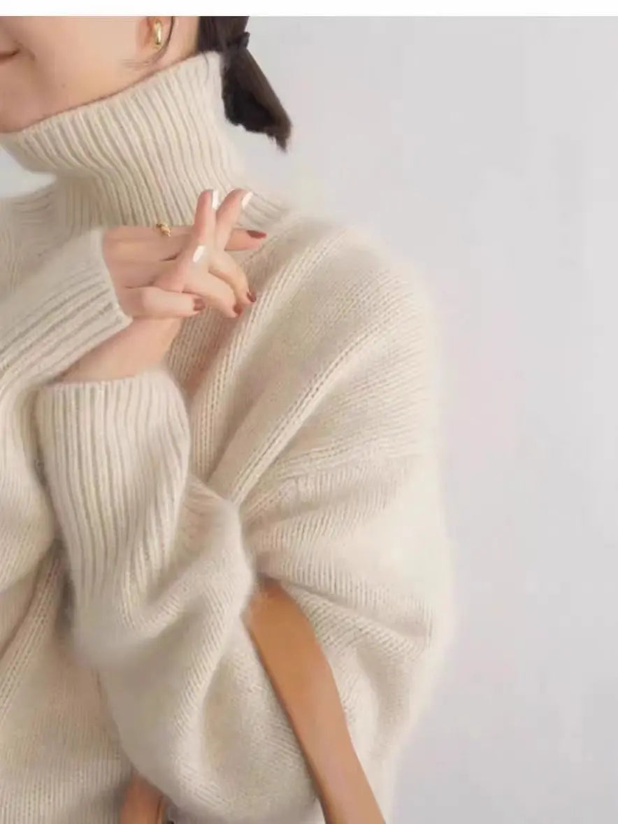 Heavyweight all-wool sweater for women, high-neck, loose, casual and versatile knitted, lazy Korean style sweater, thickened for