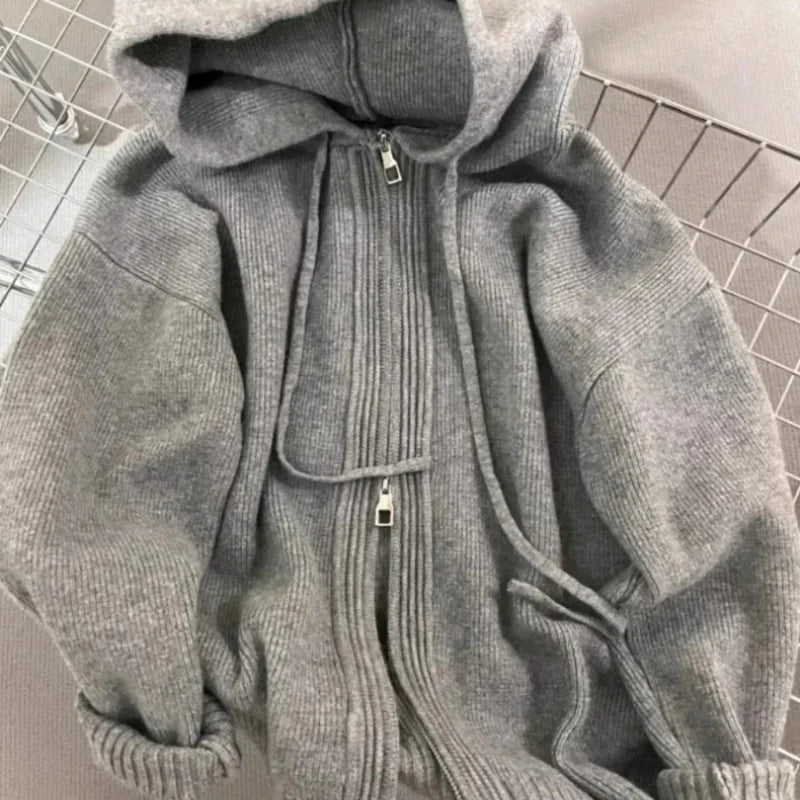 Gray Hooded Sweater Coat Autumn Winter Double Zipper Long Sleeve Loose Fashion Korean Soft Thickened Knitted Tops Coats