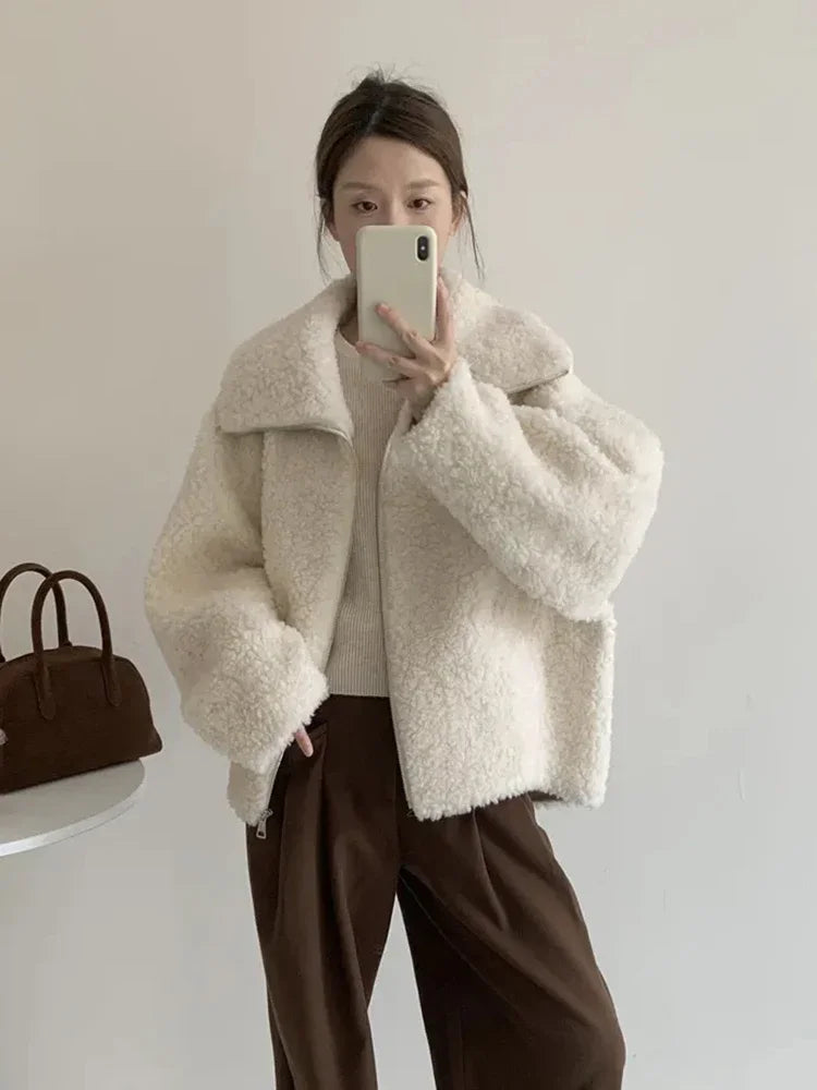 Fashion Faux Lambs Women Jacket Y2K Autumn Plush Thick Zipper Warm Coats Streetwear Long Sleeve All Match Hairy Outerwear New