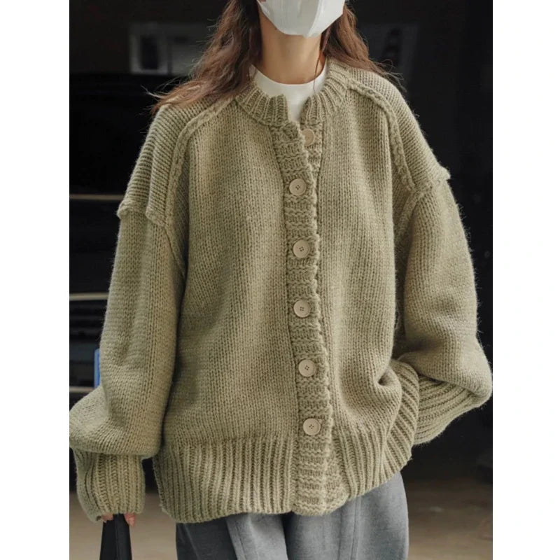 Fashion Autumn Winter Loose Long Sleeve Solid Color Cardigan Sweater Fall Elegant Casual Solid Color Knitted Top 2025 Knitwear