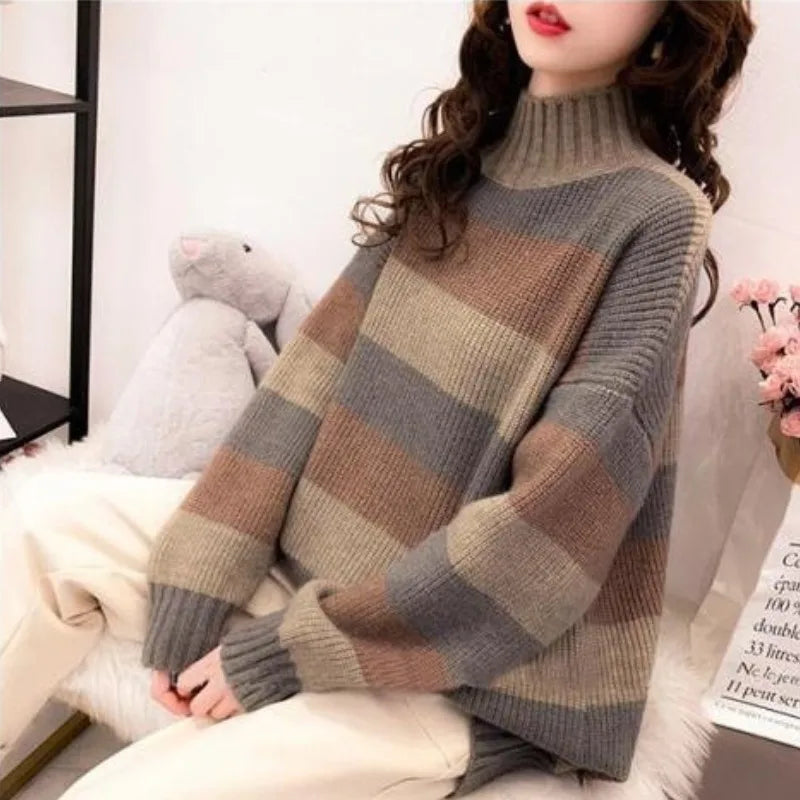 Autumn Winter Thick Warm Lazy Style Semi High Neck Women's Knitted Sweater Korean Casual Striped Loose Fit Lady Pullover Tops