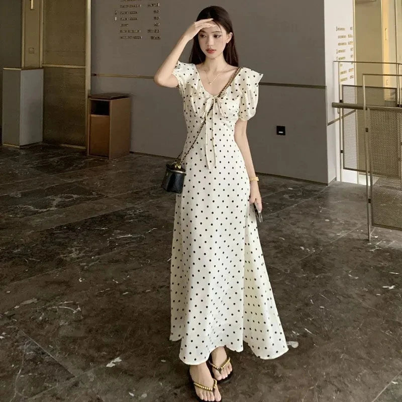 Elegant Lady V-Neck Polka Dot Dress New French Ruffles Bubble Sleeve Lace Up Vestidos Temperament Waist Tight A-Line Long Robes
