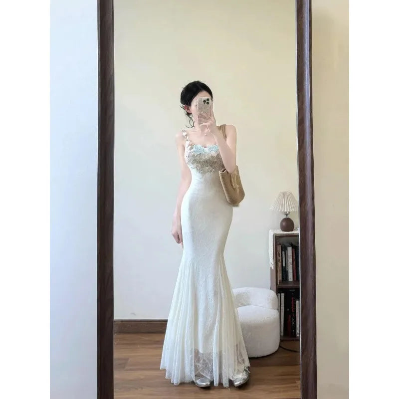 French-style Slimming New Summer Design Sense Tulle Flower Elegant Fishtail Lace Cami Dress